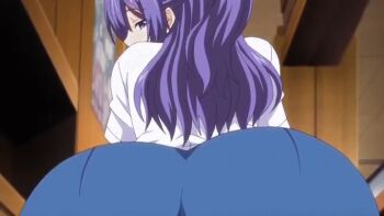 1boy 1girl animated animated_gif ass breasts bulge buttjob buttjob_over_clothes clothes erection erection_under_clothes from_behind huge_ass mankitsu_happening purple_eyes purple_hair suzukawa_rei zipper rating:Questionable score:238 user:Odell