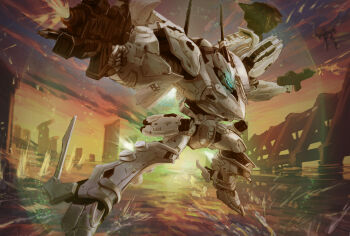  absurdres armored_core armored_core:_for_answer assault_rifle blue_visor commentary_request dual_wielding energy_barrier firing flying glowing gun highres holding holding_weapon horns mecha mecha_focus megastructure no_humans orange_sky outdoors outstretched_arms rifle robot ruins science_fiction single_horn sky splashing spread_arms sunset thrusters tsudzura_(hiyokonohina831) water weapon white_glint 