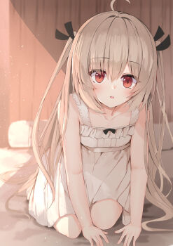 1girl :o absurdres ahoge alternate_costume arm_support atri atri-my_dear_moments- bare_arms black_ribbon blurry blush breasts collarbone commentary_request day depth_of_field dress eyelashes eyes_visible_through_hair frilled_dress frills full_body hair_between_eyes hair_ribbon hair_spread_out highres indoors leaning_forward light_brown_hair light_particles long_hair looking_at_viewer nodoameyatou open_mouth red_eyes ribbon shirt sidelighting sitting sleeveless sleeveless_dress small_breasts solo straight-on straight_hair sundress two_side_up very_long_hair white_dress white_shirt rating:Sensitive score:16 user:danbooru