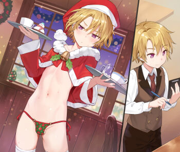  1boy belt blonde_hair blush christmas_ornaments ear_piercing hat highres holding holding_tray konmamion looking_at_viewer male_focus multiple_views navel necktie original piercing purple_eyes santa_costume santa_hat shota sweatdrop thighhighs tray underwear vest 