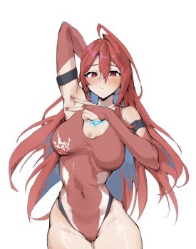  1girl absurdres ahoge arm_behind_head armpits blue_fire blue_hair blush breasts bridal_gauntlets closed_mouth colored_inner_hair competition_swimsuit cowboy_shot double-parted_bangs elizabeth_rose_bloodflame elizabeth_rose_bloodflame_(holonatsu_paradise) fire fire_on_chest hair_between_eyes highleg highleg_one-piece_swimsuit highres hololive hololive_english huge_ahoge large_breasts legs_together long_hair looking_at_viewer multicolored_hair nail_polish official_alternate_costume one-piece_swimsuit presenting_armpit red_eyes red_hair red_nails red_one-piece_swimsuit simple_background sio4_4 solo spread_armpit standing swimsuit thigh_gap two-tone_hair very_long_fingernails very_long_hair virtual_youtuber white_background 