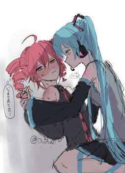  ... 2girls ahoge aqua_eyes aqua_hair aqua_necktie arm_tattoo averting_eyes black_shirt black_skirt blush collared_shirt detached_sleeves double-parted_bangs dress_shirt drill_hair feet_out_of_frame from_side grey_background grey_shirt hair_between_eyes hand_grab hatsune_miku headphones highres kasane_teto kasane_teto_(utau) long_hair medium_hair multiple_girls necktie number_tattoo ooiaooi pinned pleated_skirt red_eyes red_hair shadow shirt shoulder_blush sidelocks simple_background skirt sleeveless sleeveless_shirt speech_bubble spoken_ellipsis sweat tattoo thought_bubble translation_request turning_head twin_drills twintails twitter_username utau very_long_hair vocaloid white_background yuri 