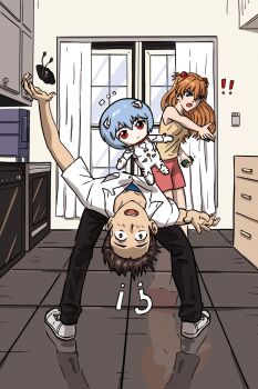  ! !! !? 1boy 2girls artist_request ayanami_rei black_hair blue_eyes blue_hair bodysuit breasts brown_hair character_doll disgust doll expressionless flexible floor full_body hair_between_eyes highres ikari_shinji long_hair looking_at_another looking_at_viewer man_dodging_a_kettle_(meme) meme multiple_girls neon_genesis_evangelion parody red_eyes rei_chikita shirt souryuu_asuka_langley sweat tokyo-3_middle_school_uniform very_long_hair white_background white_bodysuit yellow_shirt  rating:Sensitive score:12 user:popotepopote