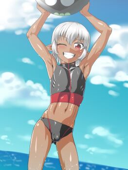  1boy ball beach beachball bulge dark_elf dark_skin elf highres lolo_(nagiichi) looking_at_viewer male_focus nagiichi navel one_eye_closed pointy_ears red_eyes shota smile swimsuit teeth trap two-tone_swimsuit white_hair wink  rating:Questionable score:67 user:taskmimi