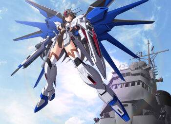  1girl black_hair black_leotard blue_sky breasts cloud commentary_request cosplay_request gundam highleg highleg_leotard kantai_collection large_breasts leotard long_hair mast mecha_musume moke_ro nagato_(kancolle) red_eyes ship sky solo watercraft 