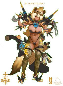  1girl absurdres animal_ears armor artist_name bandeau belt black_bandeau black_belt black_choker black_panties black_shoes blonde_hair breasts camouflage chest_belt choker cleavage commentary dark-skinned_female dark_skin digital_camouflage double-parted_bangs elbow_pads english_commentary explosive eyewear_on_head full_body green_eyes green_hiphighs grenade gun h-3 hair_between_eyes hair_intakes handgun hands_up highleg highleg_panties highres hiphighs holding holding_knife holstered huge_weapon knife large_breasts long_hair looking_at_viewer machete magazine_(weapon) navel original panties parted_lips shoes short_eyebrows shoulder_armor shoulder_spikes solo spikes standing sunglasses tail thick_eyebrows thigh_belt thigh_strap underwear very_long_hair weapon white_background yellow_pupils 