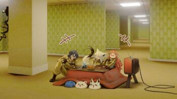  35p_(sakura_miko) 3girls absurdres against_wall ahoge animal_ears backrooms_(creepypasta) bacteria_(backrooms) black_boots black_gloves blue_hair boots commentary_request creepy_chin_joey_wheeler_(meme) cup drinking_glass food fox_ears fox_tail fruit gloves highres hiodoshi_ao hololive hololive_dev_is hyde_(tabakko) kotatsu laughing long_hair mandarin_orange meme multiple_girls pink_hair sakura_miko shirakami_fubuki sukonbu_(shirakami_fubuki) table tail television virtual_youtuber white_hair 