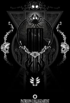  2others arms_up artist_name black_liquid black_skin blank_eyes bone bowl charm_(object) collegeartist1 colored_skin commentary english_commentary extra_eyes glowing glowing_eyes grey_background grey_wall highres holding holding_bowl hollow_knight horns knight_(hollow_knight) liquid looking_at_viewer multiple_others patreon_username shade_(hollow_knight) skeletal_arm skeleton straight-on tentacles void_entity_(hollow_knight) 