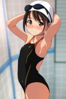  1girl absurdres armpits arms_behind_head arms_up bare_arms bare_shoulders black_hair black_one-piece_swimsuit blurry blurry_background blush breasts brown_eyes closed_mouth competition_swimsuit depth_of_field goggles goggles_on_headwear highres indoors matsunaga_kouyou nose_blush one-piece_swimsuit original small_breasts smile solo swim_cap swimsuit tile_wall tiles  rating:Sensitive score:52 user:danbooru