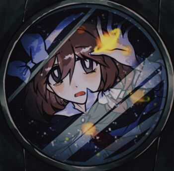  1girl bai_he black_eyes black_hat black_skirt bow brown_hair commentary_request crying dress hair_ribbon hat hat_bow open_mouth reflection ribbon shirt short_hair skirt solo touhou usami_renko white_bow white_ribbon window 