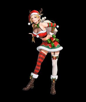  1girl blonde_hair blue_eyes blue_mary boots breasts christmas fluffy hat horns huge_breasts large_breasts looking_at_viewer pale_skin see-through_clothes short_hair skirt smile smiley_face socks standing the_king_of_fighters thick_thighs thighs 