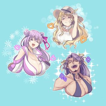 1boy 25uha 2girls bb_(fate) bb_dubai_(fate) bb_dubai_(fate)_(cosplay) black_dress blurry bokeh breasts cosplay crossdressing crossdressing_(mtf) depth_of_field dress duryodhana_(fate) ereshkigal_(fate) fabulous facial_hair fate/grand_order fate_(series) goatee goatee_stubble hat highres huge_breasts large_pectorals long_hair male_focus mature_male multiple_girls muscular muscular_male passionlip_(fate) passionlip_(swimsuit_saber)_(first_ascension)_(fate) pectoral_cleavage pectorals purple_eyes purple_hair ribbon sidepec smile ereshkigal_(swimsuit_beast)_(fate) sparkle sparkling_aura stubble sun_hat yellow_ribbon