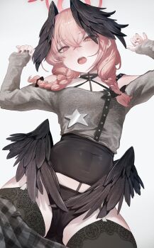  1girl absurdres alternate_costume alternate_hairstyle bare_shoulders black_nails black_panties black_shirt black_skirt black_thighhighs black_wings blue_archive blush braid clothes_pull commentary covered_navel crossed_bangs english_commentary feathered_wings from_below garter_straps grey_shirt hair_between_eyes halo head_wings highres houh888 koharu_(blue_archive) low_wings off-shoulder_shirt off_shoulder open_mouth panties pink_eyes pink_hair pink_halo shirt skirt skirt_pull sleeves_past_wrists solo teeth thighhighs twin_braids underwear upper_teeth_only wings 
