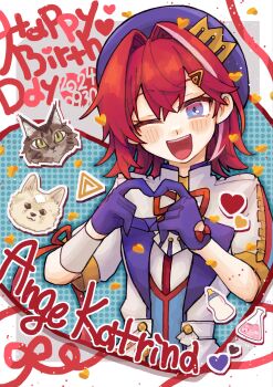  0no00on 1girl :d ange_katrina aqua_background baby_bottle beret blue_eyes blush bottle bow cat character_name colored_lapels commentary_request cropped_torso crown_hat_ornament dated dog double-parted_bangs english_text erlenmeyer_flask flask glove_bow gloves hair_intakes hair_ornament hands_up happy_birthday hat heart heart_hands highres jacket lapels looking_at_viewer medium_hair multicolored_eyes multicolored_hair neck_ribbon nijisanji one_eye_closed open_mouth own_hands_together polka_dot polka_dot_background purple_eyes purple_gloves purple_hat red_bow red_hair red_ribbon ribbon sanbaka_anniversary_outfit short_sleeves single_wrist_cuff smile solo streaked_hair teeth triangle triangle_hair_ornament twitter_username two-tone_eyes two-tone_hair upper_teeth_only virtual_youtuber watermark white_hair white_jacket white_wrist_cuffs wrist_cuffs 