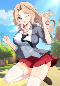 1girl absurdres black_necktie blazer blonde_hair blouse blue_eyes blue_sky blush breasts character_name cloud collared_shirt day dress_shirt girls_und_panzer gratin_(kumaisao) grey_jacket hair_intakes highres index_finger_raised jacket kay_(girls_und_panzer) large_breasts leg_up long_hair long_sleeves miniskirt necktie one_eye_closed open_clothes open_jacket open_mouth outdoors pleated_skirt red_skirt saunders_school_uniform school_uniform shirt shoes skirt sky sleeves_rolled_up smile solo standing standing_on_one_leg thighhighs white_shirt white_thighhighs wing_collar rating:Sensitive score:8 user:danbooru