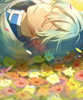  1boy arc_pic blue_hair blue_jacket cloak closed_eyes commentary_request falling_petals flower_bed hair_between_eyes highres himmel_(sousou_no_frieren) jacket lying male_focus mole mole_under_eye on_back parted_lips petals short_hair smile solo sousou_no_frieren upper_body white_cloak white_trim 