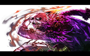  1boy chain commentary_request ehdbs1198 eyewear_on_head glowing glowing_hot glowing_weapon holding holding_sword holding_weapon jacket korean_commentary letterboxed limbus_company male_focus matthias_(project_moon) project_moon purple_jacket simple_background solo sunglasses swinging_weapon sword weapon white_background white_hair 