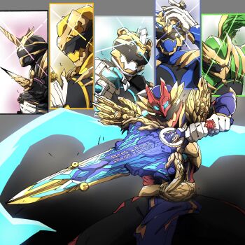 1girl 5boys armor black_helmet blue_armor blue_helmet cowboy_shot gozyueagle gozyuleon gozyupolar gozyutyranno gozyuunicorn gozyuwolf green_helmet helmet highres holding holding_sword holding_weapon horns ichikawa_sumino multiple_boys naitsupic no.1_sentai_gozyuger red_helmet single_horn super_sentai sword tokusatsu weapon white_helmet yellow_helmet