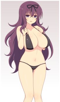  1girl absurdres bikini black_bikini black_ribbon blush body_blush border breast_suppress breasts cleavage collarbone commentary_request gluteal_fold gradient_background grey_background groin hair_between_eyes hair_ribbon halterneck hands_on_own_chest highres ichiryuu_tsumiki impossible_clothes impossible_swimsuit jitome knee_blush large_breasts linea_alba long_hair looking_at_viewer murasaki_(senran_kagura) navel open_mouth outside_border parted_lips purple_eyes purple_hair ribbon senran_kagura senran_kagura_shinovi_versus shiny_skin simple_background solo standing swimsuit very_long_hair white_background white_border 