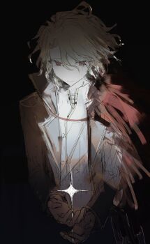  1girl absurdres aiguillette black_background black_coat blonde_hair coat commentary crying crying_with_eyes_open curtained_hair don_quixote_(project_moon) feather_boa formal_clothes highres lapels limbus_company long_coat long_sleeves messy_hair project_moon red_eyes sancho_(project_moon) short_hair solo sparkle suit sutoroboraito tears upper_body white_suit 