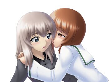  2girls black_collar black_neckerchief blouse blue_eyes blush brown_eyes brown_hair collar commentary_request cross girls_und_panzer grey_shirt half-closed_eyes hands_on_another's_shoulders incoming_kiss iron_cross itsumi_erika kuromorimine_school_uniform long_hair multiple_girls neckerchief nishizumi_miho ooarai_school_uniform open_mouth rhun school_uniform serafuku shirt short_hair transparent_background white_shirt wing_collar yuri 