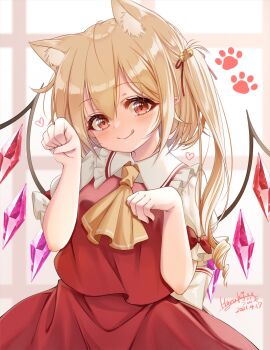  1girl :q animal_ear_fluff animal_ears ascot bell blonde_hair cat_ears closed_mouth collared_shirt commentary_request cowboy_shot crystal dated flandre_scarlet frilled_shirt_collar frills hair_bell hair_ornament hand_up haruki_(colorful_macaron) highres jingle_bell kemonomimi_mode long_hair looking_at_viewer one_side_up paw_pose red_eyes red_skirt red_vest shirt signature skirt solo tongue tongue_out touhou vest white_shirt wings yellow_ascot 