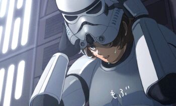  1boy black_gloves brown_eyes brown_hair commentary_request gloves glowing helmet looking_to_the_side male_focus mosuke_2 open_mouth portrait removing_helmet solo star_wars stormtrooper sweat 