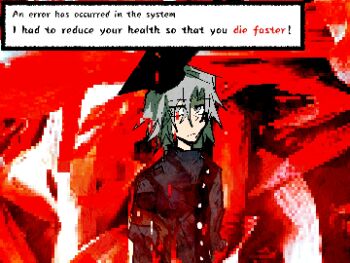  1boy armband black_hat blood blood_on_clothes blood_on_face blue_shirt buttons chinese_commentary closed_mouth commentary_request dialogue_box emergency_everyday english_text expressionless eyes_visible_through_hair frown grey_hair hair_between_eyes hat len'en long_sleeves male_focus medium_hair mortarboard pointy_ears red_armband red_background senritsu shi_tong shirt solo turtleneck turtleneck_shirt upper_body 