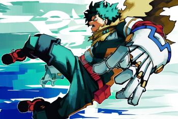  1boy belt boku_no_hero_academia boots freckles full_body furrowed_brow gloves green_eyes green_hair green_pants highres male_focus midair midoriya_izuku open_mouth pants psycho_boi_m red_belt red_boots short_hair solo superhero_costume white_gloves yellow_cloak 