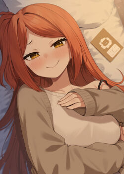  1girl aged_up binsen blush breasts brown_cardigan cardigan closed_mouth commentary_request half-closed_eyes highres idolmaster idolmaster_million_live! indoors large_breasts long_hair long_sleeves looking_at_viewer lying ogami_tamaki on_back on_bed one_side_up open_cardigan open_clothes orange_hair shirt smile solo upper_body white_shirt yellow_eyes 