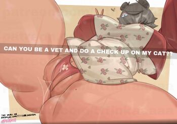  1girl absurdres breasts cameltoe caption commentary double_bun english_commentary english_text female_pubic_hair floral_print_shirt grey_hair hair_bun heart highres huge_breasts jacket mole mole_on_thigh open_clothes open_jacket original panties partially_visible_vulva pubic_hair pussy_juice rainbow_hair_ornament red_jacket red_panties shirt short_hair solo sparse_pubic_hair spread_legs thick_thighs thighs tinka_(unluckytobii) underwear unluckytobii v yellow_shirt 