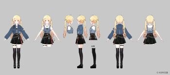  1girl ahoge beamed_eighth_notes belt black_boots black_dress black_skirt blonde_hair blue_jacket boots brown_belt brown_eyes commentary_request copyright_name denim denim_jacket dress eighth_note fortissimo full_body grey_background hair_ornament hairclip highres hitomyan hololive hololive_dev_is jacket lace-trimmed_shorts lace_trim long_hair miniskirt multiple_views musical_note musical_note_hair_ornament official_alternate_costume official_alternate_hairstyle official_art otonose_kanade otonose_kanade_(flashpoint) reference_sheet shirt short_dress short_sleeves shorts shorts_under_skirt simple_background skirt smile t-shirt teeth thigh_boots thigh_bow turnaround twintails upper_teeth_only virtual_youtuber white_shirt 