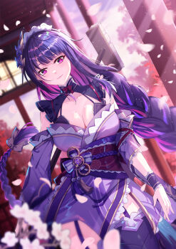  1girl alternate_costume alternate_universe asymmetrical_sleeves bare_shoulders blunt_bangs blurry blurry_background bow braid breasts broom cherry_blossoms cleavage closed_mouth commentary_request dappled_sunlight dawn depth_of_field detached_sleeves falling_petals frilled_sleeves frills genshin_impact gradient_hair hair_bow hair_ornament head_tilt highres holding holding_broom huge_breasts japanese_clothes kimono light_particles long_braid long_hair maid maid_headdress mole mole_under_eye multicolored_hair outdoors petals pink_lips purple_eyes purple_hair purple_kimono raiden_shogun red_sash sash shade single_braid solo standing streaked_hair sunlight thighhighs tree tree_shade uneven_sleeves wide_sleeves wrist_cuffs yi_xue_(firstblood) 