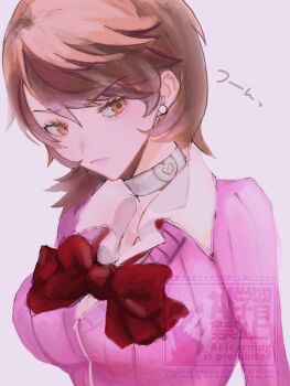  1girl artist_name breasts brown_eyes brown_hair cardigan choker closed_mouth commentary cross-laced_sweater earrings hair_between_eyes heart heart_choker highres jewelry persona persona_3 persona_3_reload pink_cardigan ribbed_cardigan short_hair simple_background stud_earrings symbol-only_commentary takeba_yukari white_choker 