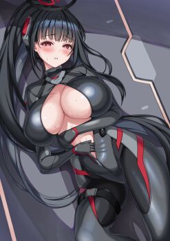  1girl absurdres black_bodysuit black_hair black_halo blue_archive blunt_bangs blush bodysuit breasts bright_pupils buckle cleavage commentary hair_ornament halo highres huge_breasts impossible_bodysuit impossible_clothes korean_commentary latex latex_bodysuit long_hair looking_at_viewer multicolored_halo official_alternate_costume official_alternate_hairstyle open_bodysuit open_clothes parted_lips ponytail red_eyes ringed_eyes rio_(armed)_(blue_archive) rio_(blue_archive) sidelocks skin_tight skindentation snap-fit_buckle solo standing standing_on_one_leg sweat thigh_strap two-tone_halo unzipped very_long_hair white_pupils yebiyong_cream_bun 