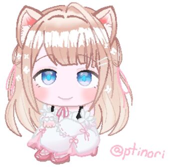  1girl ahoge animal_ear_fluff animal_ears blonde_hair blue_eyes blunt_bangs blush_stickers cat_ears chibi commentary detached_sleeves dress english_commentary hands_on_own_knees huge_ahoge indie_virtual_youtuber knees_up lace_trim long_hair looking_at_viewer meme ptinori self-upload signature sitting smile solo white_background white_dress yukinoshita_peo 