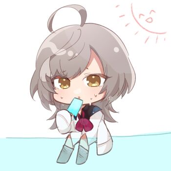  1girl :o arm_at_side assault_lily blush bow bowtie chibi commentary_request food full_body grey_hair grey_thighhighs hand_up herensuge_girls_academy_school_uniform highres holding holding_food holding_popsicle hot jacket long_hair long_sleeves looking_at_viewer loose_bowtie multicolored_hair no_shoes off_shoulder oversized_clothes parted_lips ponokaijo popsicle raised_eyebrows red_bow red_bowtie sasaki_ran school_uniform sitting sleeves_past_fingers sleeves_past_wrists soaking_feet streaked_hair sun_with_face sweat thighhighs thighhighs_pull water white_background white_jacket yellow_eyes 