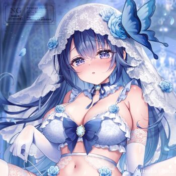  1girl :o armpit_crease blue_bra blue_collar blue_eyes blue_flower blue_hair blue_ribbon blue_rose blush bow bow_bra bra breasts bug butterfly collar commentary_request detached_collar elbow_gloves flower frilled_bra frilled_collar frills gloves hand_up insect large_breasts lingerie long_hair looking_at_viewer mitsuba_choco navel neck_ribbon nose_blush original parted_bangs parted_lips ribbon rose solo stomach underwear veil watermark white_gloves white_veil 
