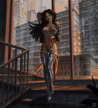  1girl architecture arm_up artist_name black_hair breasts building cleavage_cutout clothing_cutout commentary earrings east_asian_architecture english_commentary from_below gluteal_fold head_tilt highleg highleg_leotard highres hoop_earrings indoors jewelry large_breasts leotard long_hair marvel marvel_rivals paid_reward_available parted_lips psylocke sash skyscraper solo stairs superhero_costume tatti_art thigh_gap thighhighs variant_set waist_sash window 