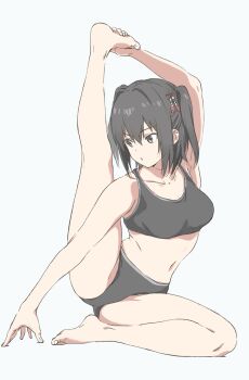  1girl barefoot black_hair black_panties black_sports_bra breasts brown_eyes commentary_request contortion flexible highres kantai_collection looking_to_the_side medium_breasts midriff navel panties sabisuke_00up00 sendai_(kancolle) sendai_kai_ni_(kancolle) short_hair simple_background solo sports_bra stretching two_side_up underwear white_background yoga 