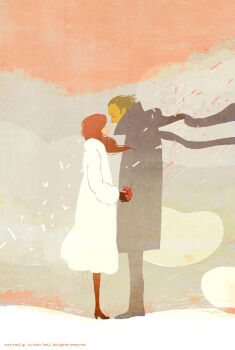  abstract archived_source artist_name black_coat black_gloves black_pants black_scarf black_shoes boots box brown_hair closed_eyes coat collared_coat commentary copyright_notice covered_eyes english_commentary english_text from_side full_body fur_coat gift gift_box gloves grey_skirt hair_ornament hair_over_eyes height_difference high_collar holding holding_gift knee_boots limited_palette long_hair long_sleeves minimalism muted_color no_lineart orange_hair original pants profile puffy_long_sleeves puffy_sleeves red_boots red_ribbon ribbon scarf shoes short_hair skirt snow standing tanji_youko valentine watermark web_address white_coat white_sleeves 