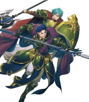  2boys aqua_eyes armor attack axe battle_axe belt blue_eyes blue_hair boots cape cosplay ephraim_(fire_emblem) ephraim_(sacred_twin_lord)_(fire_emblem) fado_(fire_emblem) fado_(fire_emblem)_(cosplay) fighting_stance fire_emblem fire_emblem:_the_blazing_blade fire_emblem:_the_sacred_stones fire_emblem_heroes full_body gauntlets green_armor grin hector_(brave_warrior)_(fire_emblem) hector_(fire_emblem) highres holding holding_axe holding_polearm holding_shield holding_weapon kuren loincloth male_focus maltet_(fire_emblem) multiple_boys nintendo non-web_source official_alternate_costume official_art open_mouth pants polearm purple_cape shield short_hair shoulder_armor smile spear teeth uther_(fire_emblem) uther_(fire_emblem)_(cosplay) weapon 