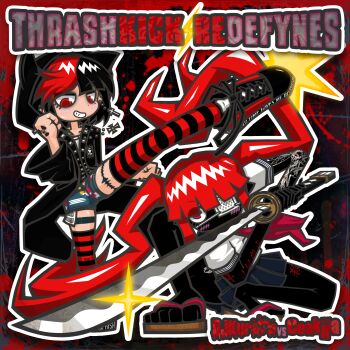  2girls absurdres album_cover animal_ears black_background black_hair black_hoodie black_shoes black_skin black_thighhighs blood blood_splatter bodypaint colored_skin cover cross cross_earrings cross_patty delinquent denim denim_shorts djkurara djkurara_various dynamic_pose earrings english_text exposed_pocket full_body highres holding holding_weapon hood hooded_jacket hoodie jacket jewelry kakusatsuko katana kicking lolita_fashion long_hair long_sleeves looking_at_another looking_at_viewer miniskirt multicolored_hair multiple_girls neckerchief painted_clothes punk red_background red_eyes red_hair red_neckerchief red_shoes red_thighhighs sandals school_uniform shoes short_hair shorts silver_earrings skirt squatting streaked_hair striped_clothes striped_thighhighs sukeban sword tattoo teeth thighhighs weapon 