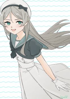  1girl black_jacket black_neckerchief blue_eyes blue_sailor_collar commentary_request dress gloves grey_hair hat highres jacket javelin_(kancolle) kantai_collection long_hair looking_at_viewer loose_hair_strand neckerchief sailor_collar sailor_dress sailor_hat short_sleeves solo white_dress white_gloves white_hat yama_(yam0a) 