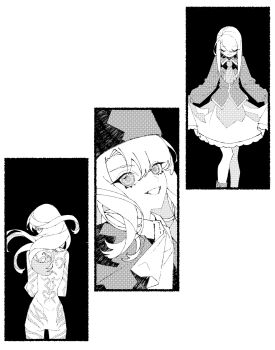  1girl body_markings closed_eyes coat commentary_request curtsey facing_away fate/stay_night fate_(series) greyscale hat highres illyasviel_von_einzbern jacket long_hair looking_at_viewer momo_007 monochrome multiple_views nude scarf skirt smile 