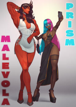  2girls bag black_dress black_hair blue_hair blue_lips blue_nails bracelet breasts cellphone character_name choker cleavage colored_skin commentary covered_erect_nipples dark-skinned_female dark_skin demon_girl demon_horns demon_tail dispatch dress earrings english_commentary handbag height_difference high_heels highres holding_another's_arm horns jewelry large_breasts long_hair malevola_(dispatch) multicolored_hair multiple_girls necklace no_pupils orcbarbies phone pink_hair plunging_neckline prism_(dispatch) red_skin selfie size_difference small_breasts smartphone sunglasses tail white_dress yellow_eyes yuri 