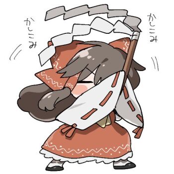  1girl arms_up ascot blush_stickers bow brown_hair chibi chibi_only closed_eyes commentary frilled_skirt frills full_body gohei hair_bow hair_tubes hakurei_reimu holding holding_gohei kepona long_hair nontraditional_miko red_bow red_skirt ribbon-trimmed_sleeves ribbon_trim simple_background skirt solo standing touhou translation_request white_background wide_sleeves yellow_ascot 