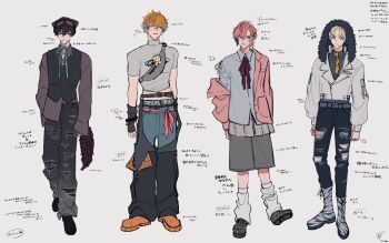  4boys akagi_wen alternate_costume beanie black_hair black_shoes blonde_hair blue_ribbon boots commentary crop_top crossbody_bag ear_piercing eyebrow_piercing face_piercing full_body fur-trimmed_jacket fur_trim glasses goggles goggles_on_head grey_shirt grey_shorts hair_between_eyes hair_ornament hairclip hand_in_pocket hat heart heart_sticker hibachi_mana highres hood hood_up jacket kirin-chan_(usami_rito) leg_warmers lip_piercing long_sleeves male_focus multicolored_hair multiple_boys nijisanji open_clothes open_jacket orange_eyes orange_hair orange_shoes oriens_(nijisanji) pants pants_tucked_in pierced_hat piercing pink_hair pink_jacket ribbon saiki_ittetsu semi-rimless_eyewear shirt shoes short_hair shorts simple_background standing sticker sticker_on_face streaked_hair tonatto torn_clothes torn_pants usami_rito vest waistcoat white_background white_jacket white_leg_warmers 