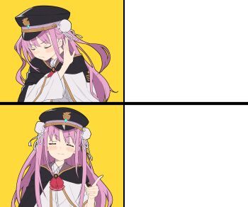  1girl :3 =_= ascot black_cape black_hat blush_stickers bun_cover cape closed_eyes closed_mouth collared_shirt commentary_request double_bun drakeposting_(meme) facing_viewer hair_between_eyes hair_bun hair_ribbon hand_up hat heaven_burns_red highres index_finger_raised kunimi_tama long_hair long_sleeves meme peaked_cap pink_hair red_ascot ribbon shirt sidelocks simple_background smile solo split_mouth tanigawa_kent template transparent_background twitter_username upper_body v-shaped_eyebrows very_long_hair white_ribbon white_shirt wide_sleeves yellow_background 
