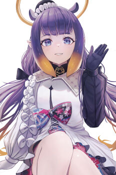  1girl absurdres ahaha_kun asymmetrical_gloves asymmetrical_sleeves black_coat black_gloves black_hat blue_eyes blunt_bangs center-flap_bangs coat commentary cowboy_shot double-parted_bangs dress english_commentary flat_chest gloves gradient_hair grin halo hand_up hat highres hololive hololive_english long_sleeves looking_afar low_twintails mismatched_gloves mismatched_sleeves mole mole_under_eye multicolored_coat multicolored_hair ninomae_ina&#039;nis ninomae_ina&#039;nis_(party_dress) official_alternate_costume official_alternate_hairstyle orange_hair parted_lips pointy_ears print_dress puffy_long_sleeves puffy_sleeves purple_hair sidelocks simple_background smile solo tentacle_hair tilted_headwear twintails two-tone_coat virtual_youtuber waving white_background white_coat 